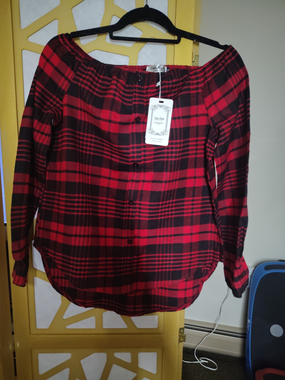 Casual Red Plaid Off-Shoulder Button-Front Blouse
